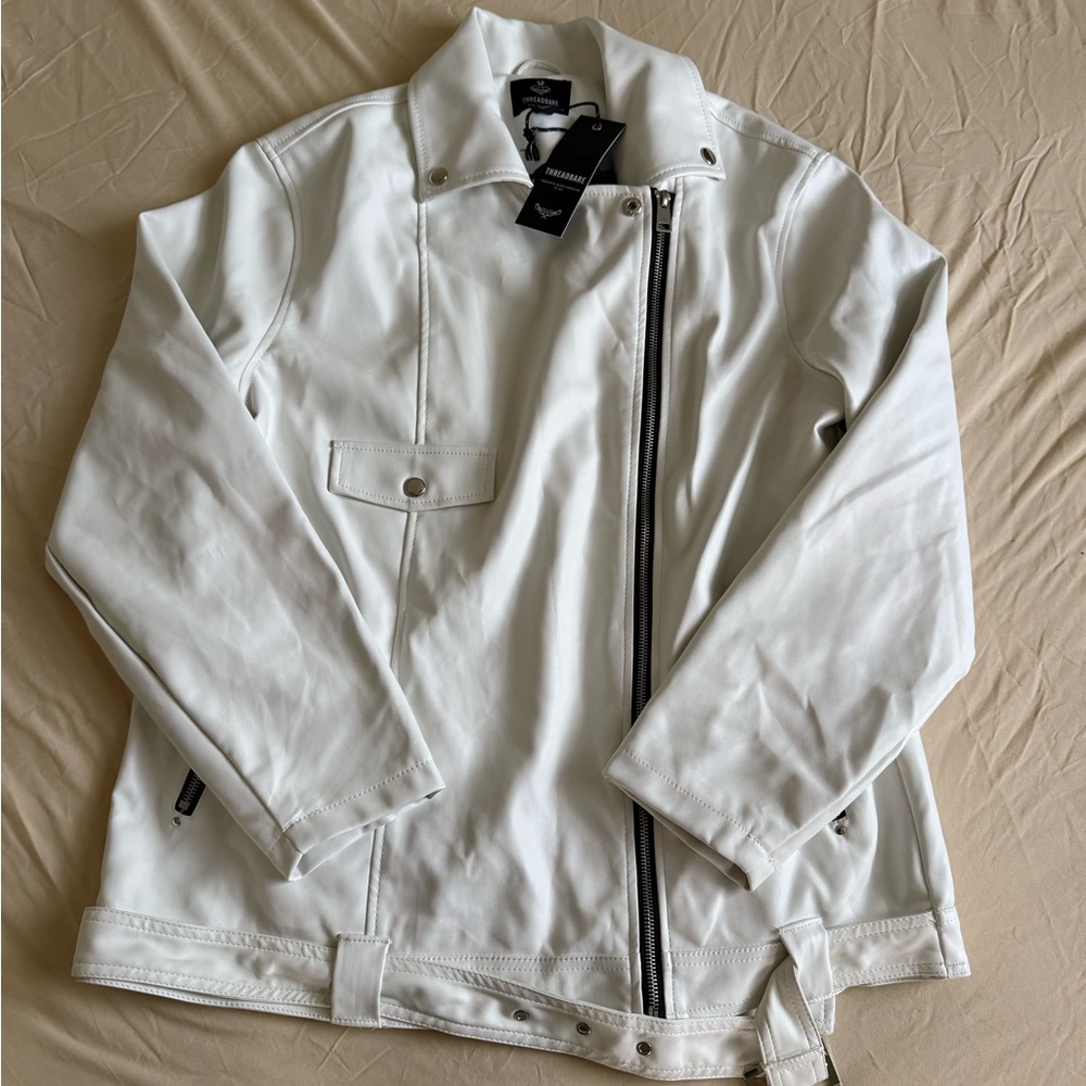Threadbare Women's White Vegan Leather Biker Jacket - Size 8 Brand New